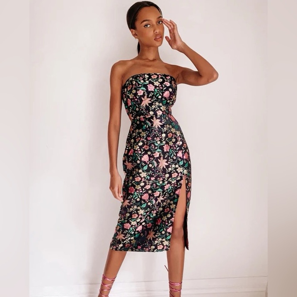 Black Satin Floral Jacquard Strapless Midi Dress